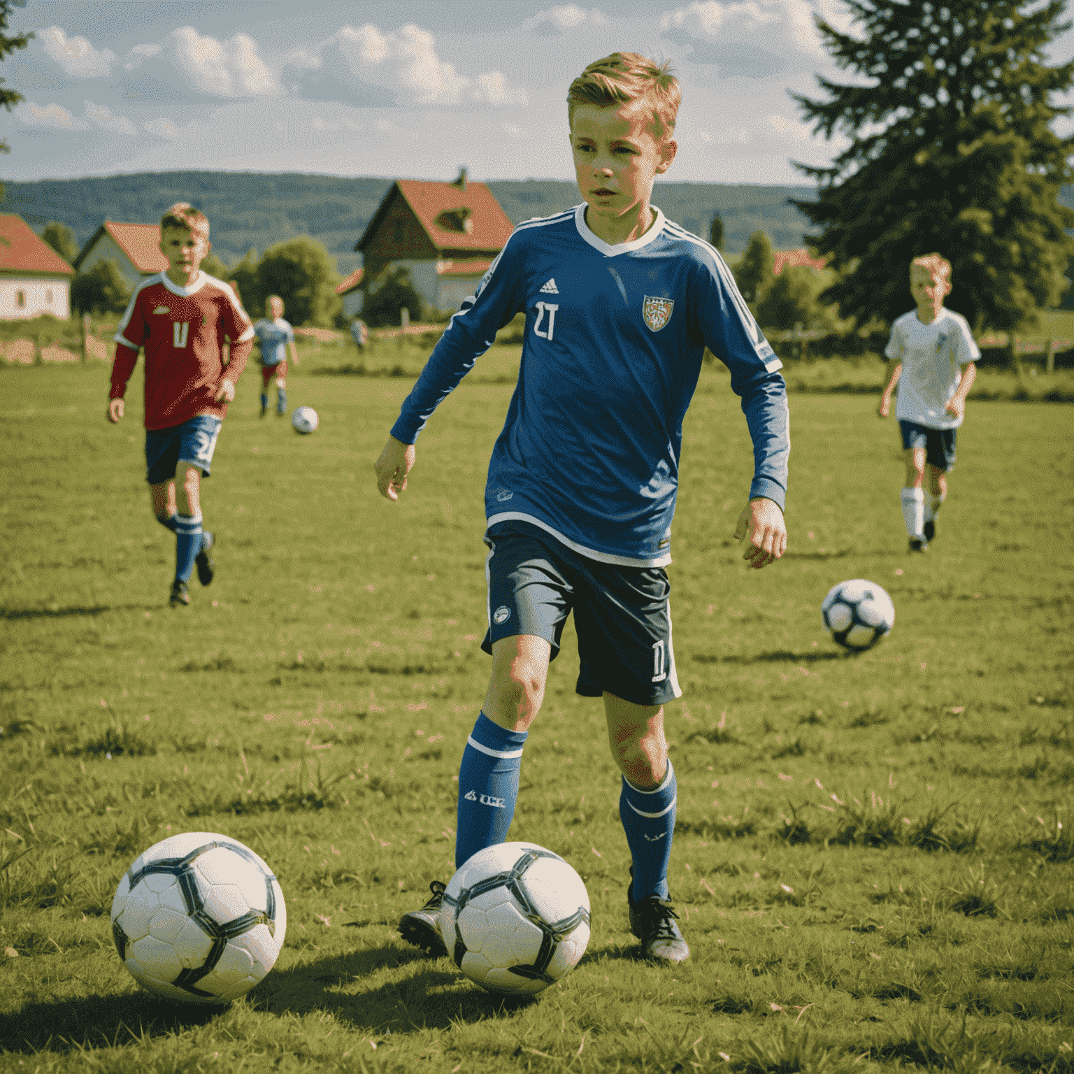 Mladý Petr Švancara kopající do míče na malém hřišti, obklopen dalšími dětmi. V pozadí je vidět venkovská krajina typická pro české prostředí.