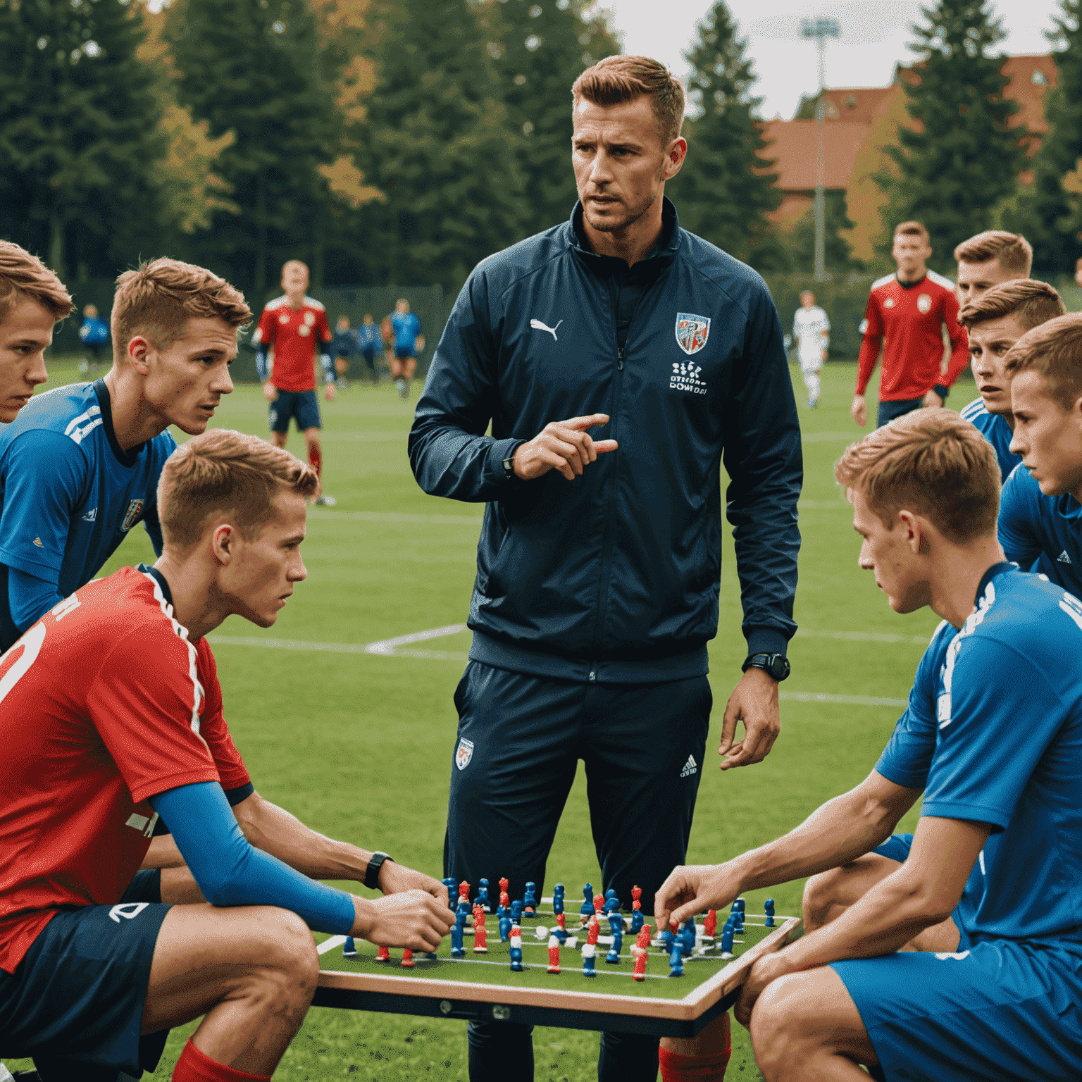 Petr Švancara v roli mentora, obklopený mladými českými fotbalisty. Gestikuluje a vysvětluje taktiku na malé taktické tabuli, zatímco mladí hráči pozorně naslouchají.